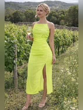 VICI Neon Lime Ruched Midi Dress XS | Strappy Back Slit Bodycon